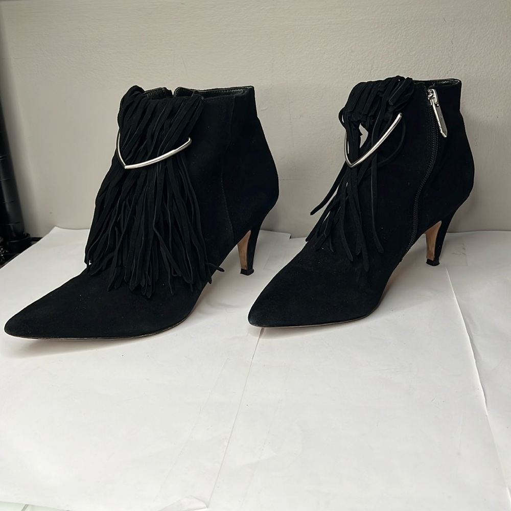 Brian Atwood Sz 9 Perri Black Suede Fringe Firing Booties Metal Detail 2.5” Heel